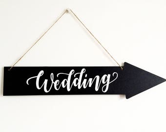 Customised Wedding Arrow Sign, Hanging Personalised Hand Drawn Black Direction Arrow Signage, Custom Painted Rustic Sign, Boho Wedding Sign