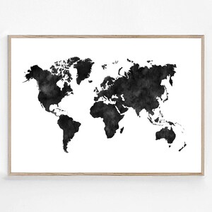 Schwarzweiße Weltkarte, Aquarell Karte, digitaler Download, minimalistisches skandinavisches druckbares Plakat, moderne Kunst