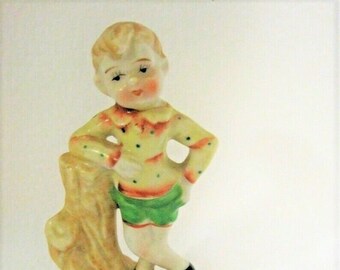 Boy Figurine Hand Painted Japan, Boy Leaning on Tree Retro Statuette