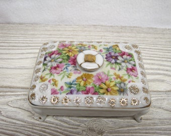 1960s Handpainted TILSO Made in Japan 53-139 Ceramic dish with lid trinket candy powder jewelry box type piece Pink ROSES