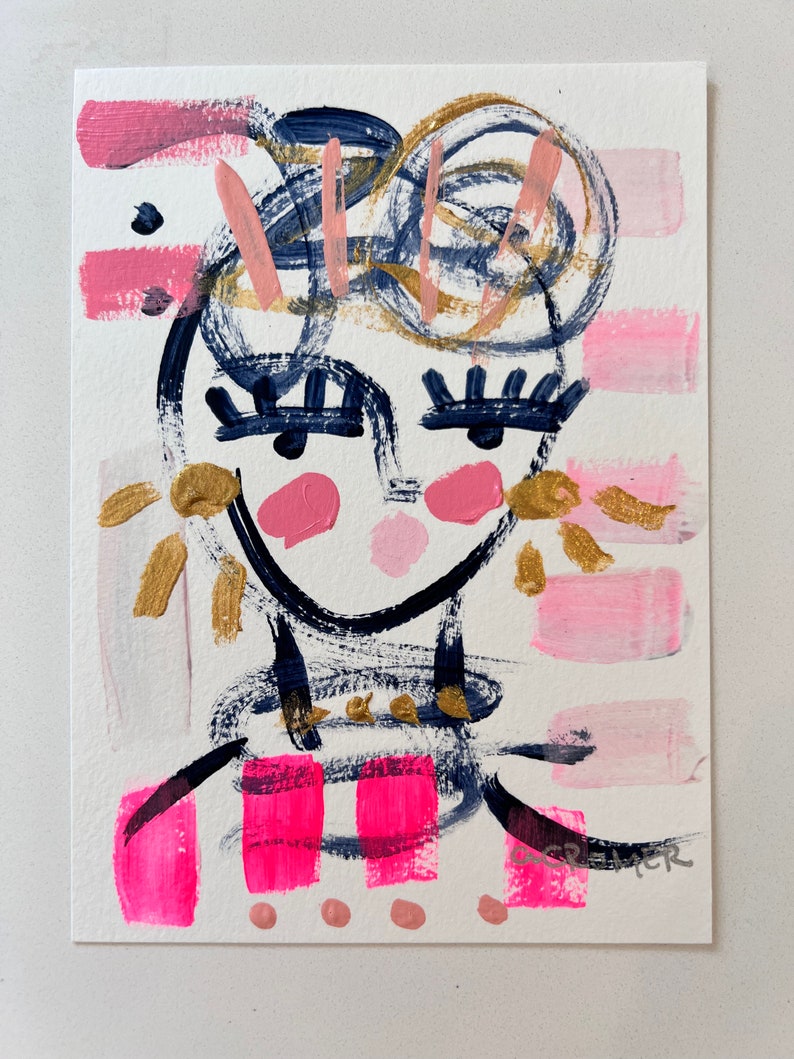 5x7, Abstract Figure Art, Original Painting on Paper, Pink, Dorm decor, Gift for Her image 3
