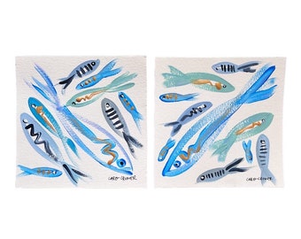 Set aus zwei 6x6 abstrakten Fischgemälden, kleines Kunstset