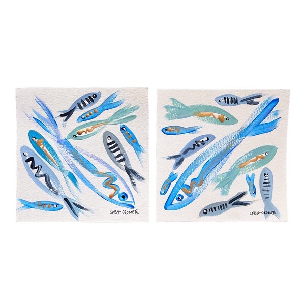 Set of Two 6x6 Abstract Fish Paintings, Small Art Set