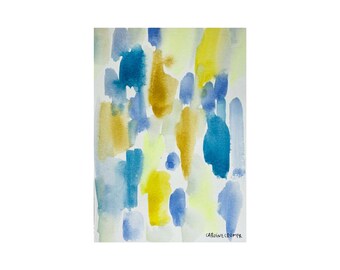 Pode incluir: Pintura abstrata em aquarela com formas azuis, amarelas e marrons sobre um fundo branco. A assinatura do artista, "CAROLINE CROPER", está no canto inferior direito.
