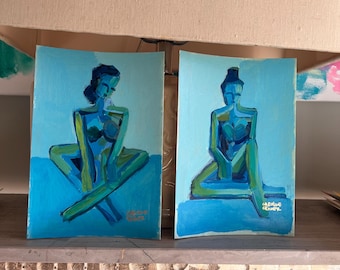 5.5x8 Abstract Figure Paintings, Pair of Original Paintings, 8x10 with mat