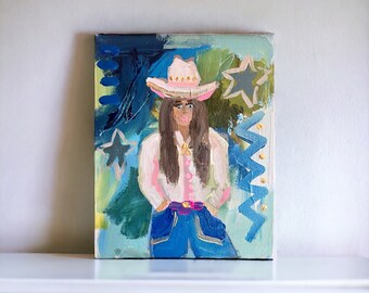 8x10 Abstract Cowgirl Figure Painting, Original Art, Caroline Cromer Art