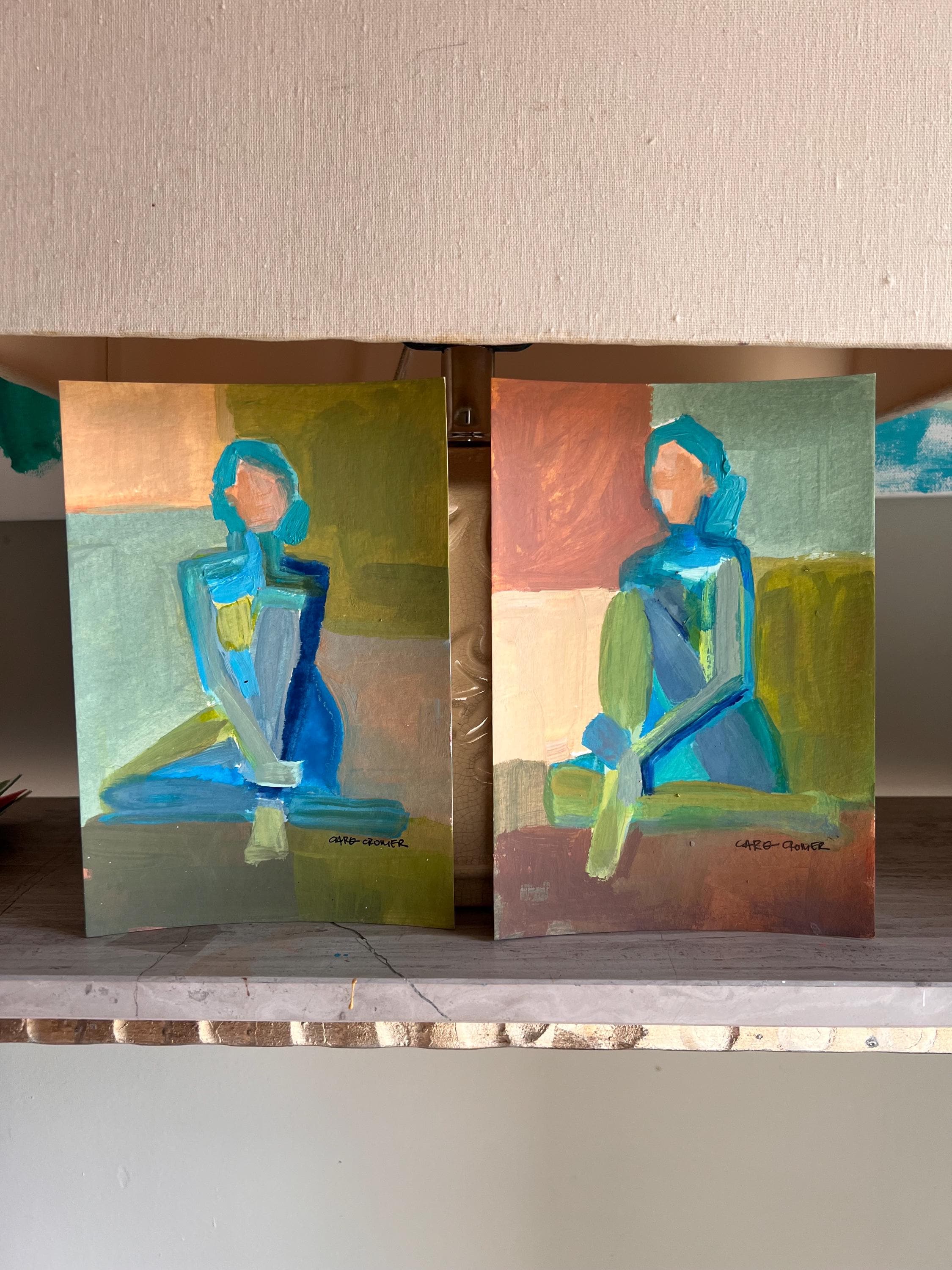 5.5x8 Abstract Figure Paintings, Pair of Original Paintings, 8x10 with mat