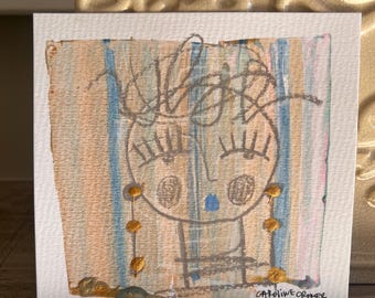Lady Face Art, Blue Decor, 6x6 Painting of Girl Face