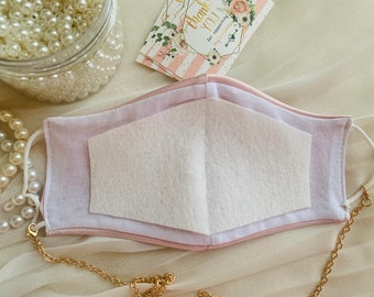 Mascarilla facial de satén rosa rubor elegante con cordón, almohadillas protectoras para el lápiz labial