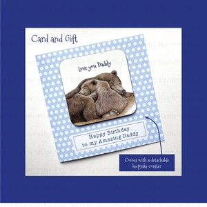 Biglietto di auguri di compleanno personalizzato per papà orso con sottobicchiere ricordo. Biglietto e regalo "Ti amo papà orso", simpatico biglietto di auguri di compleanno per papà orso.
