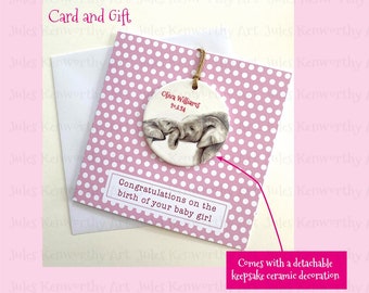 Personalised new baby girl card and keepsake, Elephant newborn card with detachable ceramic decoration to treasure, New Baby card and gift