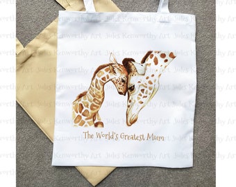 Personalised Giraffe Mum Tote Bag, Watercolour Art, Mother's Day Gift