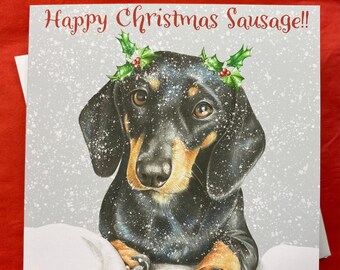 ソーセージ ドッグ クリスマス カード、スクエア ダックスフント クリスマス カード 148 mm x 148 mm、パーソナライズされたクリスマス カード、単品またはパック