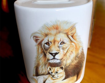 Lion Boys Safari Animals Personalised Solid luxury curved top rectangular white money box