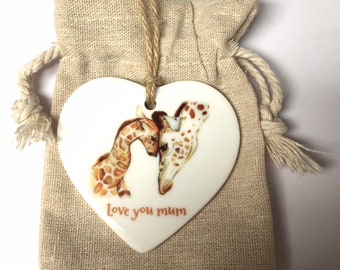 Ceramic Giraffe Heart Shaped Decoration Or round shaped decoration, Gift for Mum, Personalised Gift, FREE Organza Bag, Mother's Day Gift