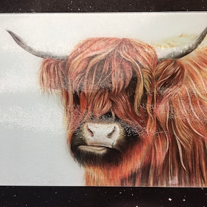 Large Highland Cow Illustrated chopping board, a perfect addition to any kitchen, Highland Cow Glass Work Saver, Glass Chopping Board