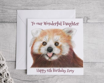 Carte d'anniversaire personnalisée panda roux, jolie carte panda roux, carte fille panda roux, carte d'anniversaire illustrée panda roux, cadeau panda roux