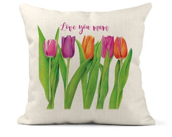 Personalised Tulip Cushion, Linen Cushion 40cm  x 40cm with  Inner Pad included, Illustrated Tulip pillow. Mother’s Day cushion