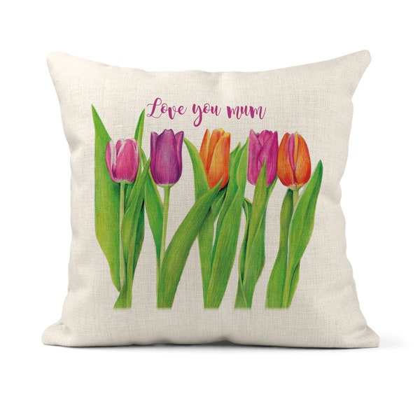 Personalised Tulip Cushion, Linen Cushion 40cm  x 40cm with  Inner Pad included, Illustrated Tulip pillow. Mother’s Day cushion