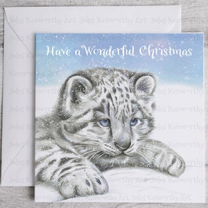 Tarjeta de Navidad personalizada de Snow Leopard, tarjeta de Navidad de Snow Leopard, linda tarjeta de Snow Leopard de 148 mm x 148 mm, individual o en paquetes disponibles