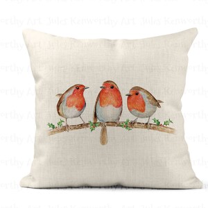 3 Robin Christmas Linen Cushion, Robin Gift, 40 x 40, Cojín de lino con almohadilla interior, almohada Robin, lindo cojín Robin