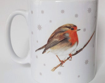 Robin Christmas Mug or Robin Mug & Coaster Gift Set, Robin in snowflakes Gift, Christmas Robin Gift, Robin Illustration, Christmas Gift