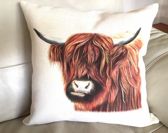 Highland Cow Cushion, Linen Cushion 40cm  x 40cm with  Inner Pad included, Illustrated highland cow pillow, highland cow art