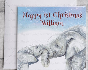 Personalised Baby 1st Christmas Card, Elephant 1st Christmas card,  Personalised 1st Christmas Card, cute elephant Christmas Card