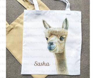 Personalised Alpaca Tote Bag: Soft Shopping Bag with hand Drawn Illustration