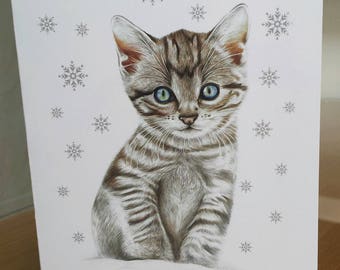 Kitten Christmas Cards, 6 x Cute A6 Kitten Christmas Card, Kitten in Snow, Xmas Card, Kitten Illustration, Animal Christmas Card, Christmas,