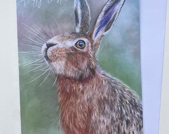 Personalised Hare Care, pastel hare greetings card, Happy Easter Card, Easter Hare Card, Hare illustrated card, Hare fine Art Card