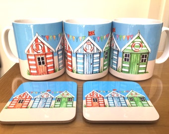 Beach Hut Mug, Brightly coloured beach hut mug, personalised mug, mug and coaster set available, placemats available