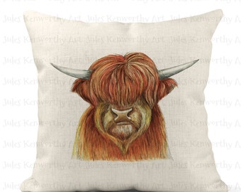 Highland Cow Cushion, Linen Cushion 40cm  x 40cm with  Inner Pad included, Illustrated highland cow pillow, highland cow art