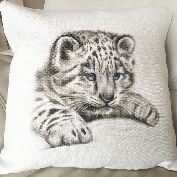 Stunning Snow Leopard Illustrated Linen Cushion, 40cm x 40 cm with inner pad included - this can be personalised