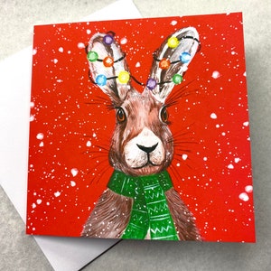 Hase Weihnachtskarte, Quadratische Hase Weihnachtskarte 148 mm x 148 mm, Hase Karte, süsser Hase Illustrierte Weihnachtskarte, Einzeln oder Packungen kaufen