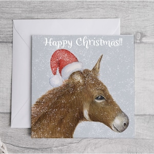 Cartão de Natal de burro fofo, Cartão de Natal de burro ilustrado 148 mm x 148 mm, Cartão de Natal personalizado, Cartão de burro, individual ou em pacotes