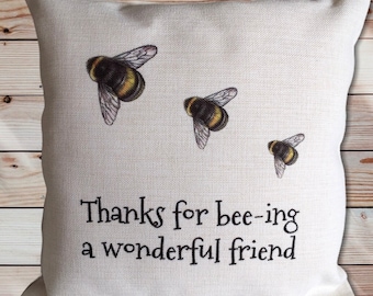 Personalised Bumblebee Linen Cushion, Cushion for a best friend, 40cm x 40cm cushion with Inner Pad included, Bee pillow, meaningful gift