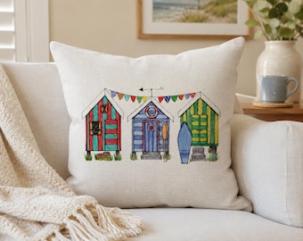 Beach Hut Cushion | Coastal Cushion Cover | Nautical Home Decor | Colourful Seaside Throw Pillow | Beach House Gift