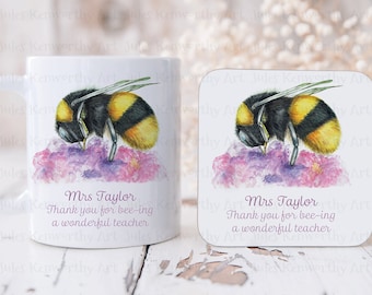Personalised Teacher Mug and Coaster Set, Thank you teacher gift, Bee Teacher Gift, Special Teacher thank you gift