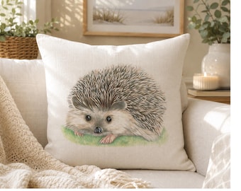 Hedgehog Linen Cushion, Hedgehog Illustration, Home Decor, Hedgehog Gift, 40 x 40, Linen Cushion with inner pad, hedgehog pillow