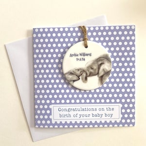 Carte cadeau et nouveauté personnalisées pour bébé garçon, carte pour nouveau-né éléphant avec décoration en céramique amovible à chérir, carte pour nouveau bébé et cadeau