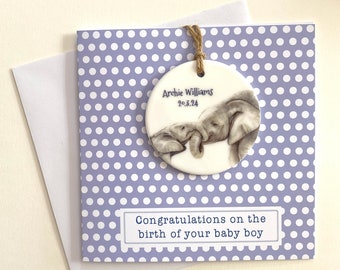 Personalised new baby boy card and keepsake, Elephant newborn card with detachable ceramic decoration to treasure, New Baby card and gift