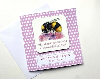 Personalised Teacher Thank You Card with Keepsake Coaster gift, Personalised Bee Card and bee coaster, Thank being a wonderful teacher card