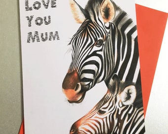 Zebra A5 Greetings Card, Personalised Zebra Card, Love Zebra's, Zebra Greeting Card,  Zebra card for mum,  Zebra Card