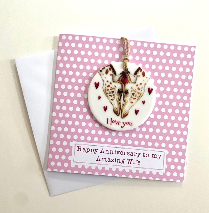 Personalised wife anniversary card and keepsake, Amazing wife giraffe card and detachable ceramic decoration gift, Giraffe card and gift image 6