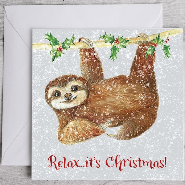 Sloth Christmas Card, Square Sloth Christmas Card 148mm x 148mm, Sloth Christmas Card, Illustrated Christmas Card, single or packs