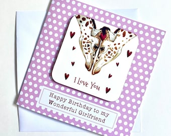 Personalised girlfriend birthday card and keepsake, Wonderful girlfriend giraffe birthday card and detachable coaster gift, Giraffe keepsake