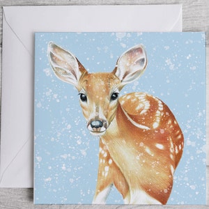 Carte de Noël de cerf mignon, carte de Noël de cerf illustrée 148 mm x 148 mm, carte de Noël personnalisée, carte illustrée de cerf, simple ou packs