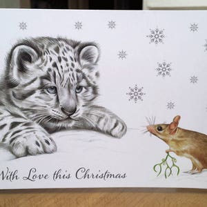 Kerstkaarten, Sneeuwluipaard en Muis Kerstkaarten, With Love Kerstkaart, Sneeuwluipaard Kerstkaart, 6 x A6 Kaarten, Dierenkaarten