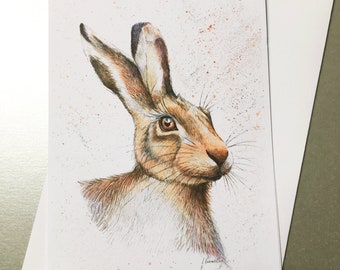 Hare A5 Greetings Card, Unique Hare Card, Easter Card, A5 Card, Hare Illustration, Hare Print, Watercolour Hare